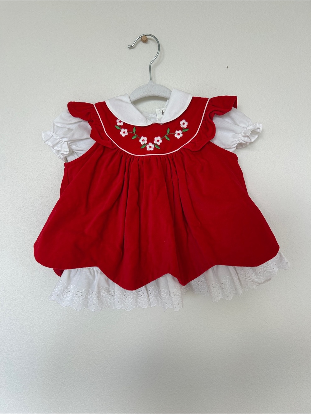Vintage Red Baby Dress with White Collar and Floral Embroidery